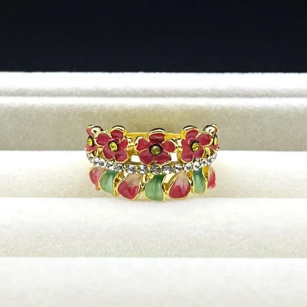 Yellow Gold with Citrine and Diamond Crystal Enamel Leaf and Flower Ring Size 6